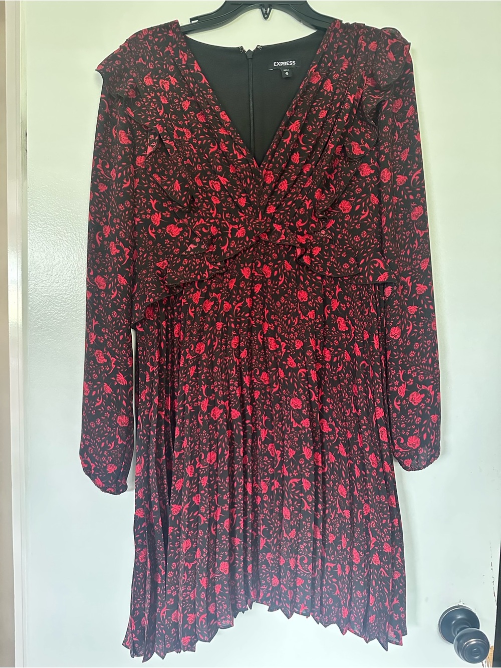 Express Black Dress with Red Floral Print Long Sleeves